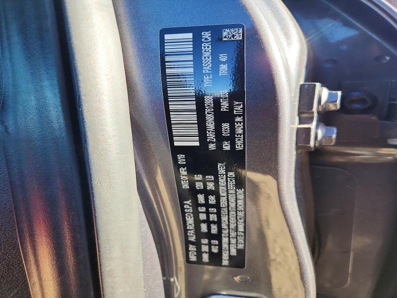 46379806 :رقم المزاد ، ZARFAMBN8K7612888 vin ، 2019 Alfa Romeo Giulia مزاد بيع