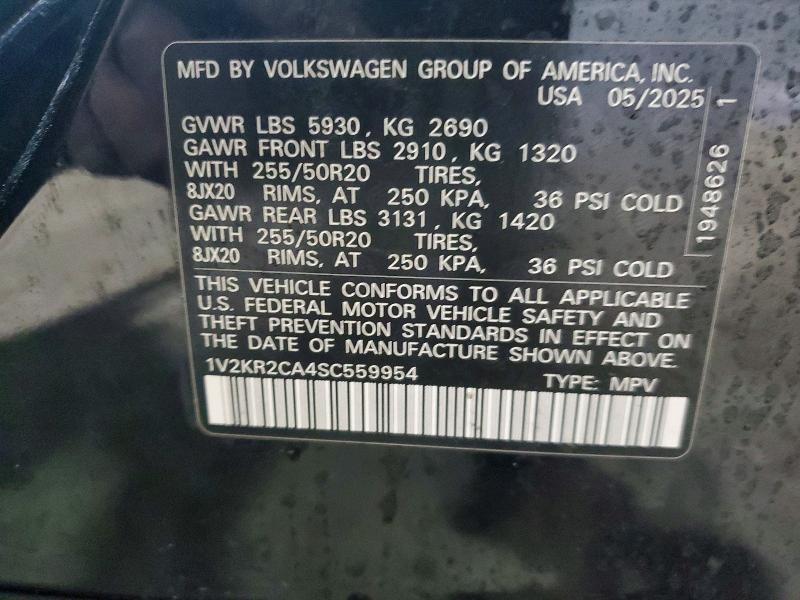 42044826 :رقم المزاد ، 1V2KR2CA4SC559954 vin ، 2025 Volkswagen Atlas مزاد بيع