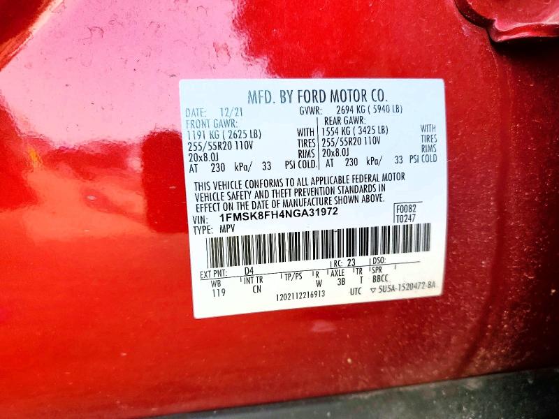 47334186 :رقم المزاد ، 1FMSK8FH4NGA31972 vin ، 2022 Ford Explorer مزاد بيع