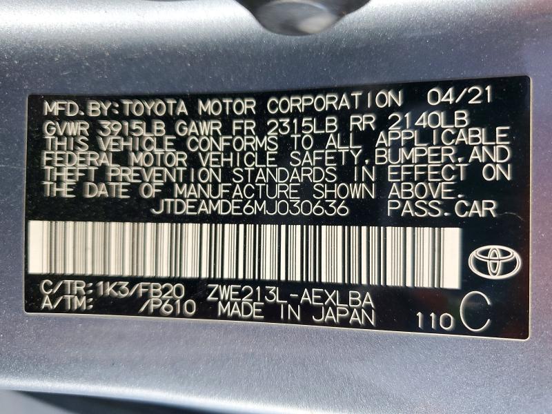 Продажа на аукционе авто 2021 Toyota Corolla Hybrid, vin: JTDEAMDE6MJ030636, номер лота: 45493296