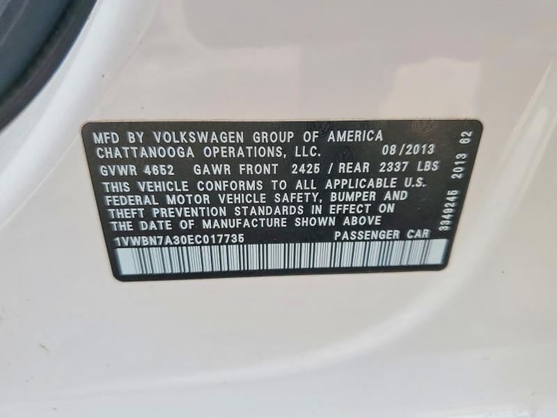 47707076 :رقم المزاد ، 1VWBN7A30EC017735 vin ، 2014 Volkswagen Passat مزاد بيع