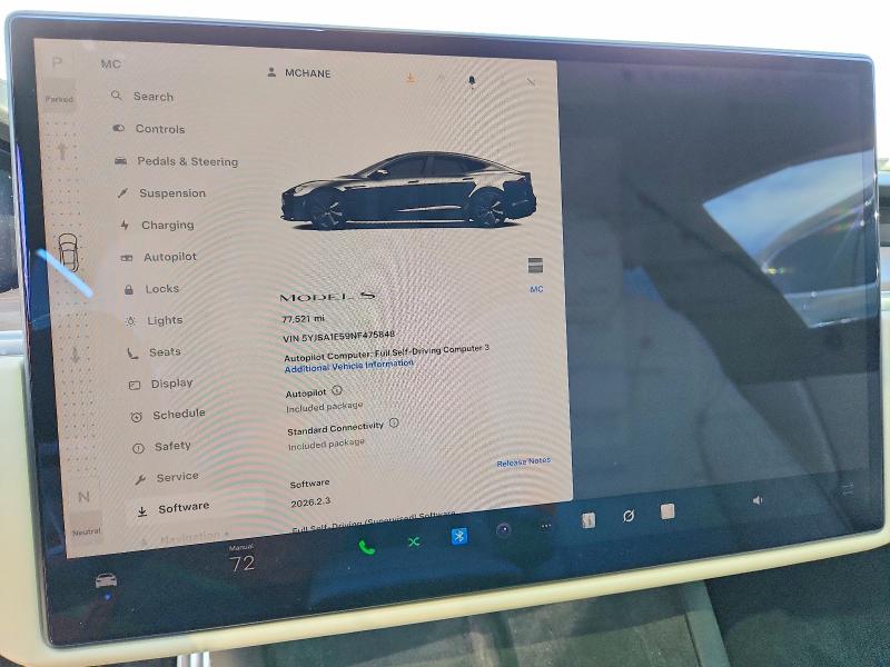 2022 Tesla Model S მანქანა იყიდება აუქციონზე, vin: 5YJSA1E59NF475848, აუქციონის ნომერი: 78526135