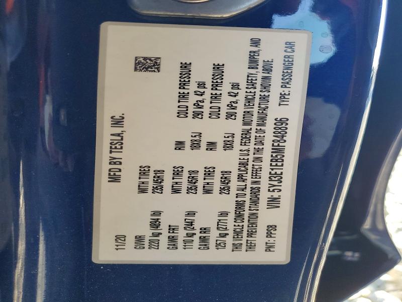 2021 Tesla Model 3 მანქანა იყიდება აუქციონზე, vin: 5YJ3E1EB5MF848896, აუქციონის ნომერი: 46384346