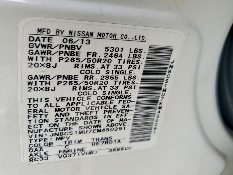 46047526 :رقم المزاد ، JN8CS1MU7EM450291 vin ، 2014 Infiniti Qx70 مزاد بيع