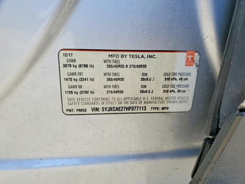 2017 Tesla Model X მანქანა იყიდება აუქციონზე, vin: 5YJXCAE27HF077113, აუქციონის ნომერი: 45677176