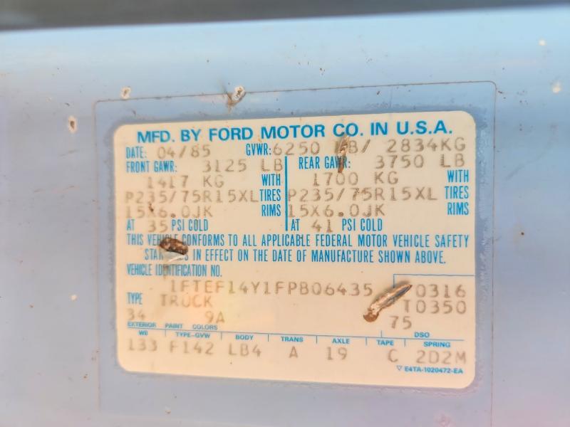1985 Ford F150 მანქანა იყიდება აუქციონზე, vin: 1FTEF14Y1FPB06435, აუქციონის ნომერი: 79266425