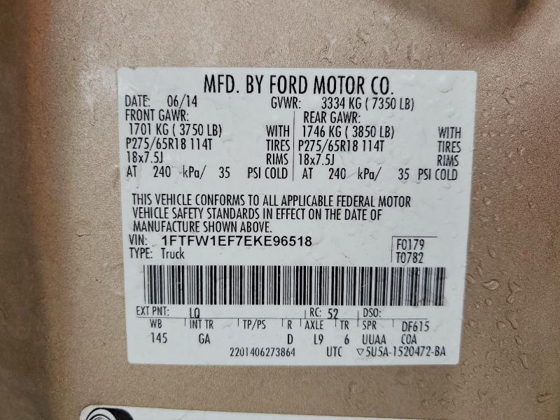 2014 Ford F150 მანქანა იყიდება აუქციონზე, vin: 1FTFW1EF7EKE96518, აუქციონის ნომერი: 47568956