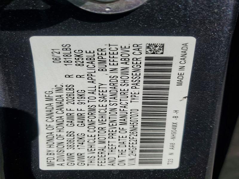 Aukcja sprzedaży 2022 Honda Civic, vin: 2HGFE2F26NH507070, numer aukcji: 79948515