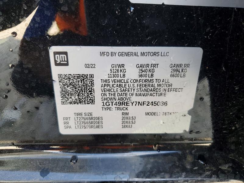 41707046 :رقم المزاد ، 1GT49REY7NF245036 vin ، 2022 Gmc Sierra مزاد بيع