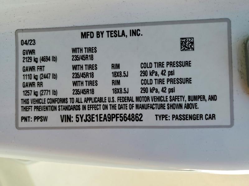 Aukcja sprzedaży 2023 Tesla Model 3, vin: 5YJ3E1EA9PF564862, numer aukcji: 45834976