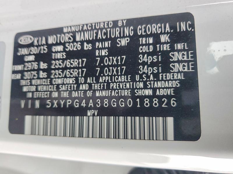 45950536 :رقم المزاد ، 5XYPG4A38GG018826 vin ، 2016 Kia Sorento مزاد بيع