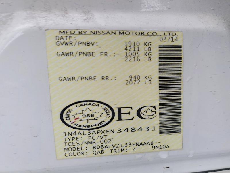 2014 Nissan Altima მანქანა იყიდება აუქციონზე, vin: 1N4AL3APXEN348431, აუქციონის ნომერი: 79427275
