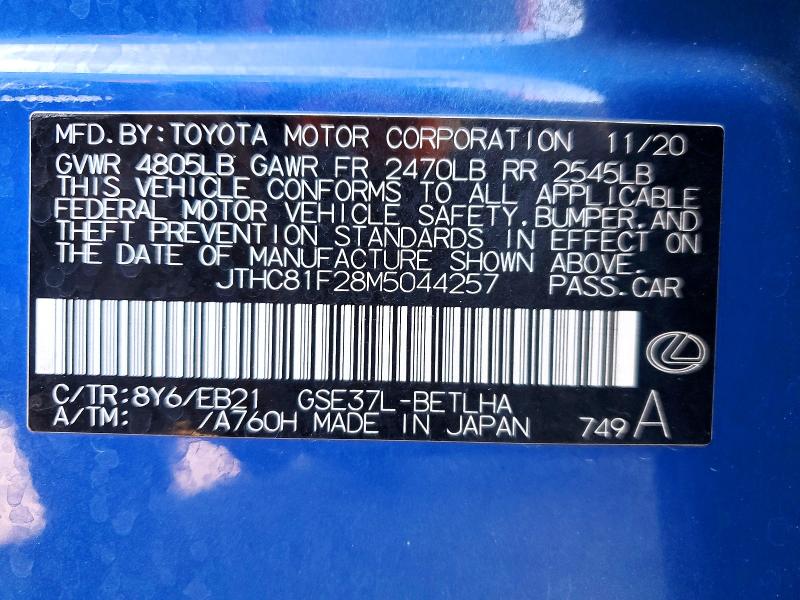 47225236 :رقم المزاد ، JTHC81F28M5044257 vin ، 2021 Lexus Is 300 مزاد بيع