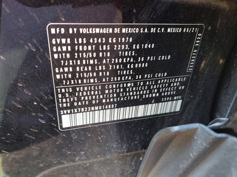 2022 Volkswagen Taos მანქანა იყიდება აუქციონზე, vin: 3VV1X7B22NM014897, აუქციონის ნომერი: 46200266