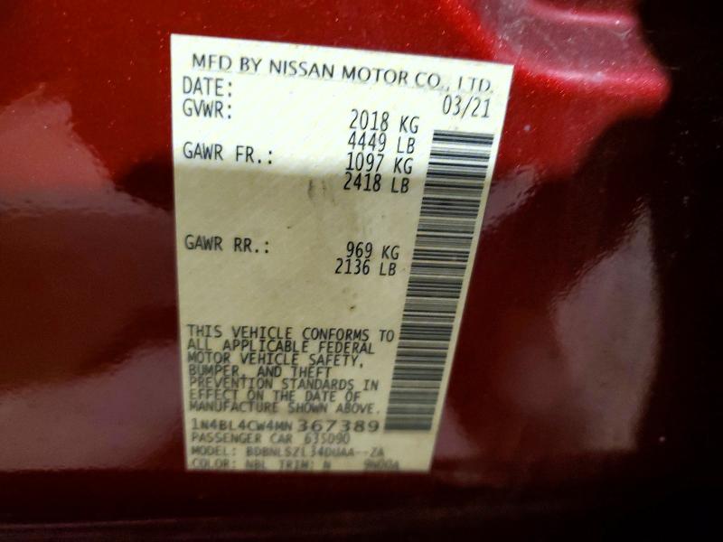 2021 Nissan Altima მანქანა იყიდება აუქციონზე, vin: 1N4BL4CW4MN367389, აუქციონის ნომერი: 47752676