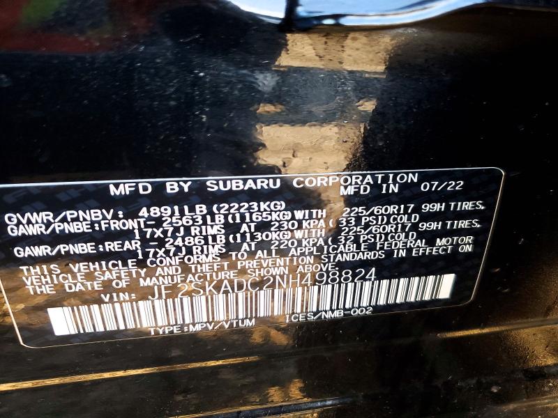 Aukcja sprzedaży 2022 Subaru Forester, vin: JF2SKADC2NH498824, numer aukcji: 79826105