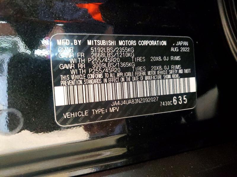 45627606 :رقم المزاد ، JA4J4UA83NZ092027 vin ، 2022 Mitsubishi Outlander مزاد بيع