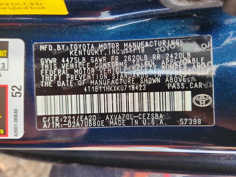 2019 Toyota Camry მანქანა იყიდება აუქციონზე, vin: 4T1B11HKXKU718423, აუქციონის ნომერი: 46397416