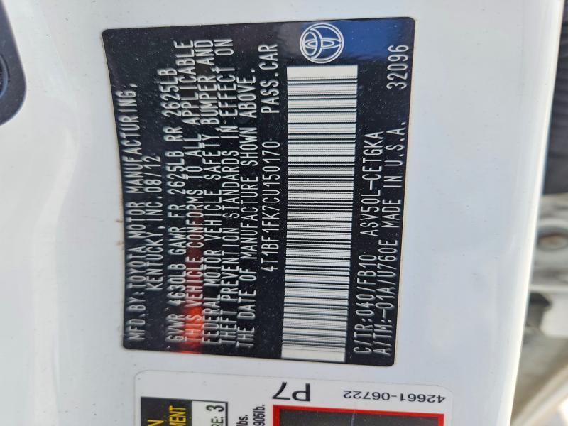 Продажа на аукционе авто 2012 Toyota Camry, vin: 4T1BF1FK7CU150170, номер лота: 45766546
