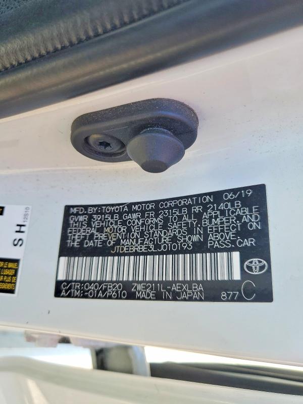 Aukcja sprzedaży 2020 Toyota Corolla Hybrid, vin: JTDEBRBE3LJ010193, numer aukcji: 45822656