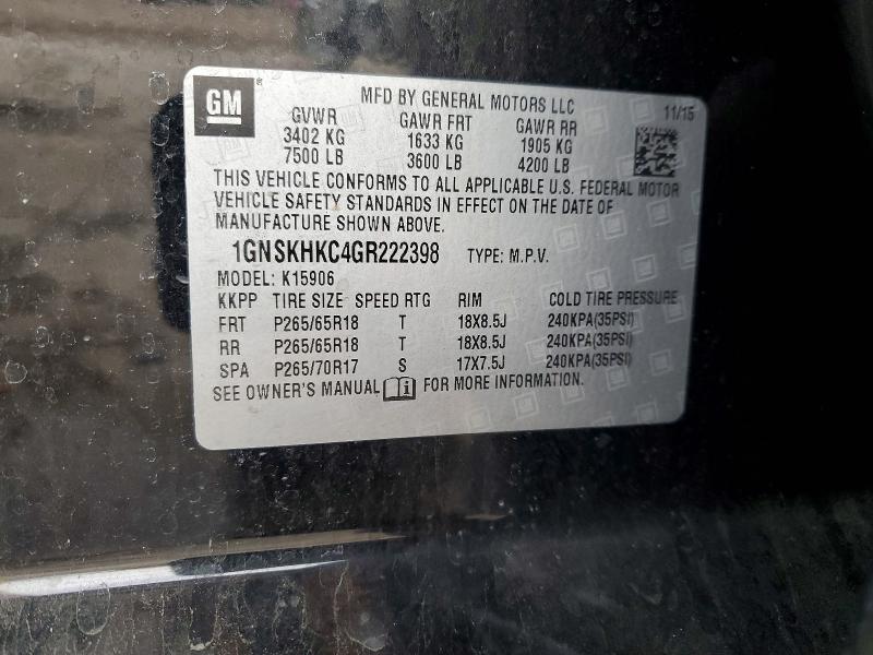 Aukcja sprzedaży 2016 Chevrolet Suburban, vin: 1GNSKHKC4GR222398, numer aukcji: 46377696