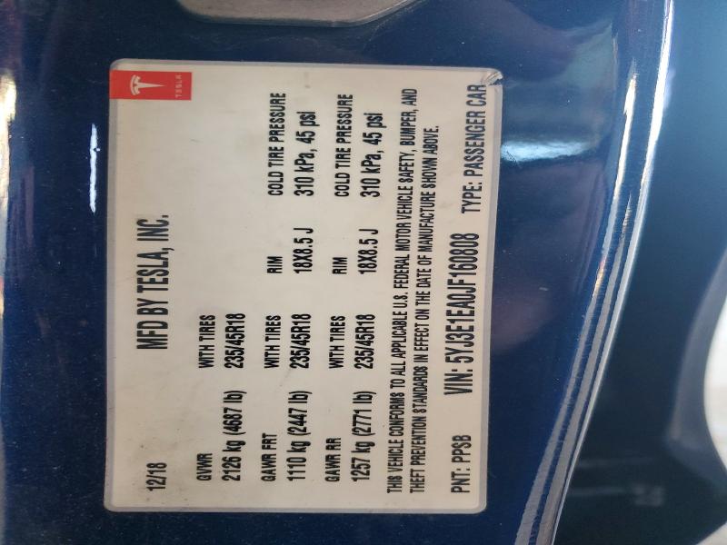 2018 Tesla Model 3 მანქანა იყიდება აუქციონზე, vin: 5YJ3E1EA0JF160808, აუქციონის ნომერი: 41813206