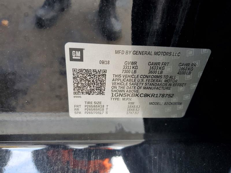 47988306 :رقم المزاد ، 1GNSKBKC8KR178752 vin ، 2019 Chevrolet Tahoe مزاد بيع