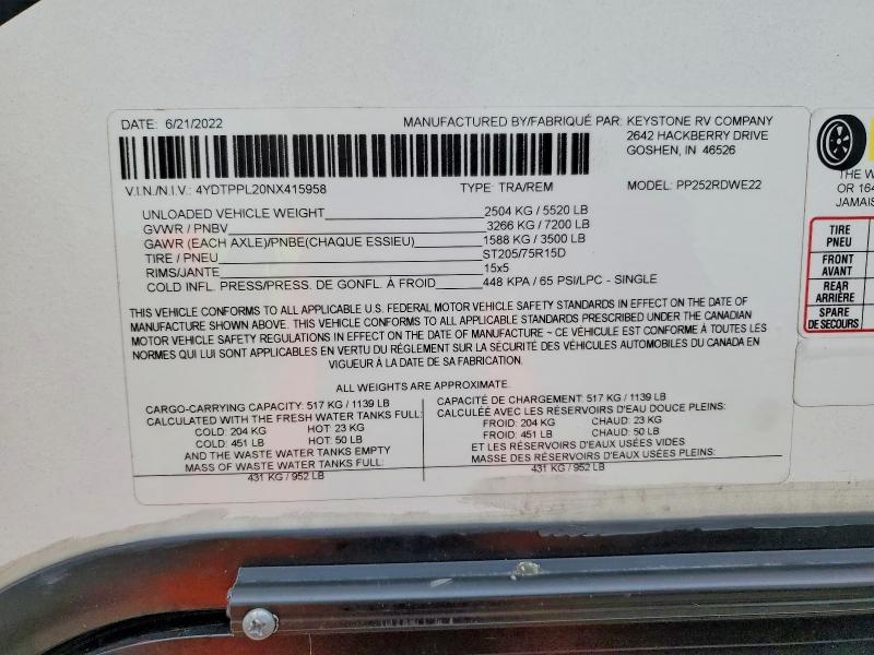 75639775 :رقم المزاد ، 4YDTPPL20NX415958 vin ، 2022 Keystone Passport مزاد بيع