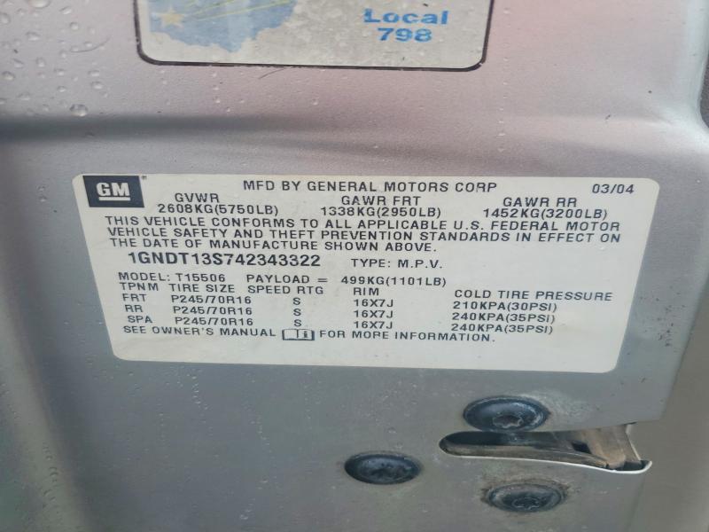 2004 Chevrolet Trailblazer მანქანა იყიდება აუქციონზე, vin: 1GNDT13S742343322, აუქციონის ნომერი: 45724746