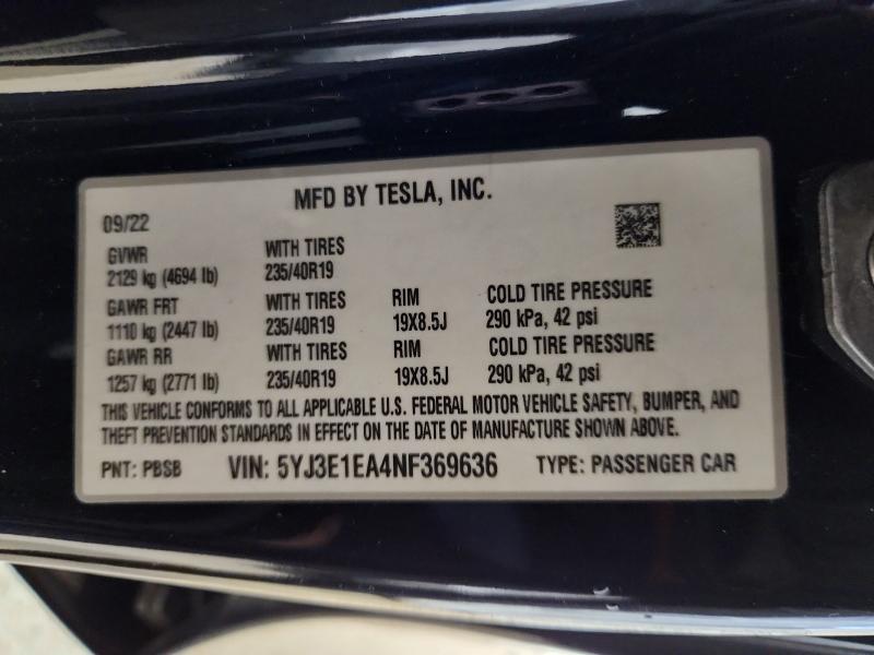 47816856 :رقم المزاد ، 5YJ3E1EA4NF369636 vin ، 2022 Tesla Model 3 مزاد بيع