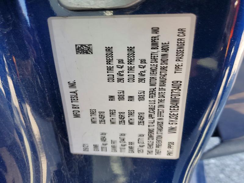 2021 Tesla Model 3 მანქანა იყიდება აუქციონზე, vin: 5YJ3E1EB4MF073409, აუქციონის ნომერი: 46486856