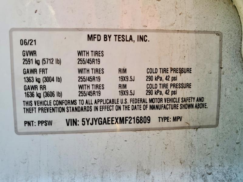 Продажа на аукционе авто 2021 Tesla Model Y, vin: 5YJYGAEEXMF216809, номер лота: 46409246