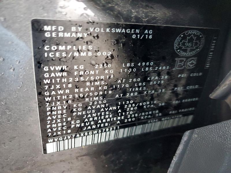 45840376 :رقم المزاد ، WVGJV7AX5GW579211 vin ، 2016 Volkswagen Tiguan مزاد بيع