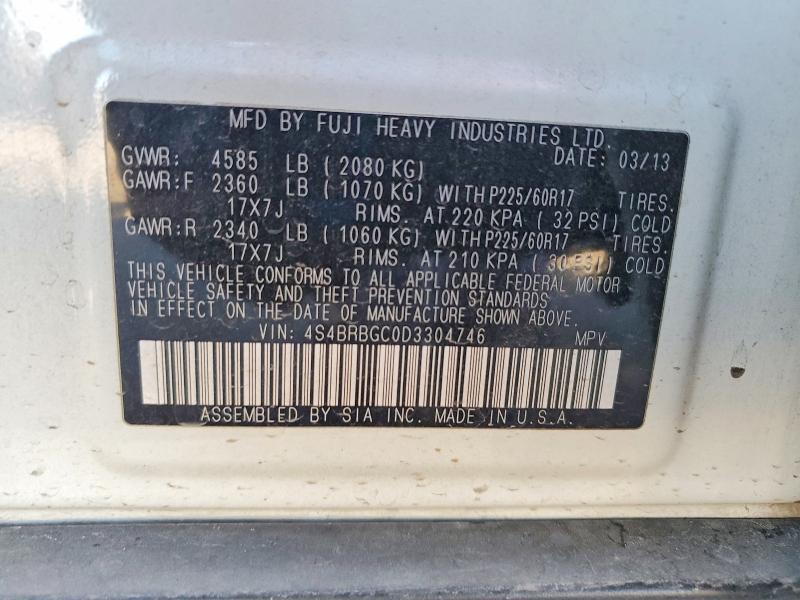 2013 Subaru Outback მანქანა იყიდება აუქციონზე, vin: 4S4BRBGC0D3304746, აუქციონის ნომერი: 45773226