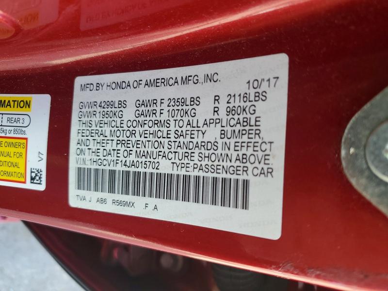 Aukcja sprzedaży 2018 Honda Accord, vin: 1HGCV1F14JA015702, numer aukcji: 47876446