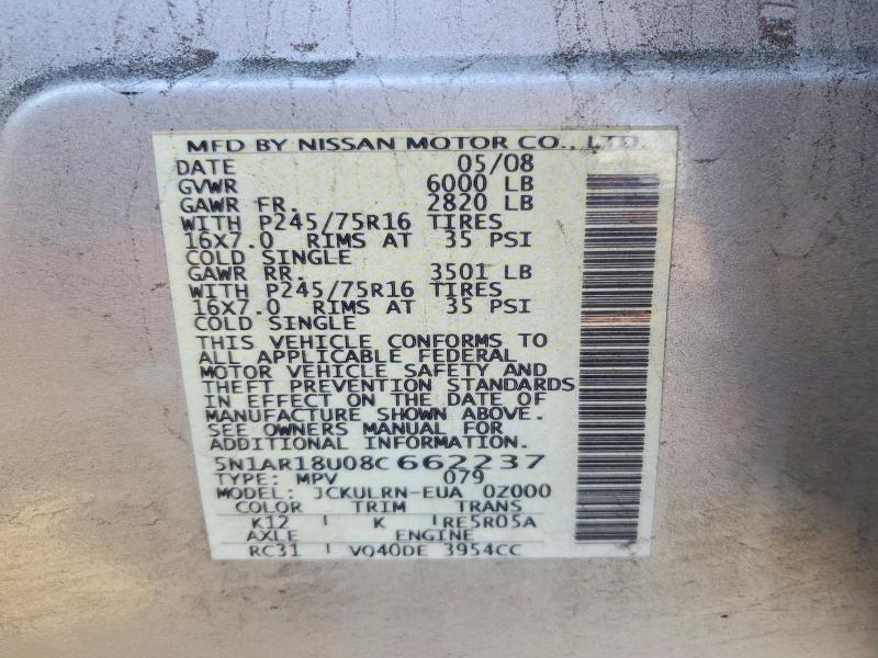 2008 Nissan Pathfinder მანქანა იყიდება აუქციონზე, vin: 5N1AR18U08C662237, აუქციონის ნომერი: 41881416
