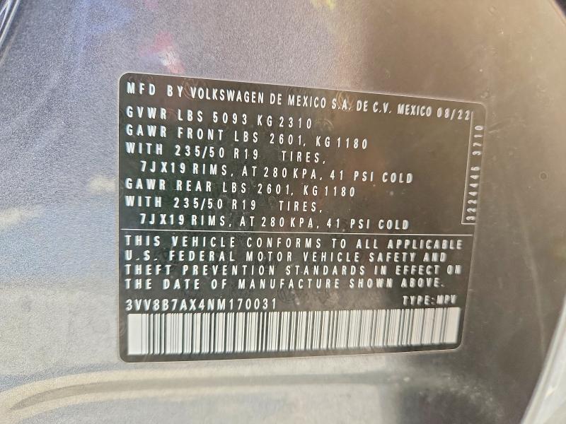 2022 Volkswagen Tiguan მანქანა იყიდება აუქციონზე, vin: 3VV8B7AX4NM170031, აუქციონის ნომერი: 46331286