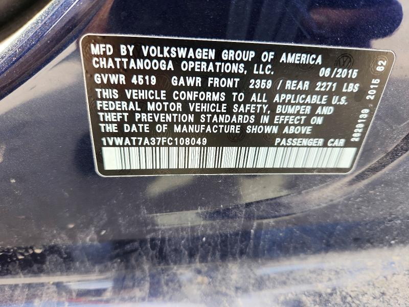 Aukcja sprzedaży 2015 Volkswagen Passat, vin: 1VWAT7A37FC108049, numer aukcji: 46671026