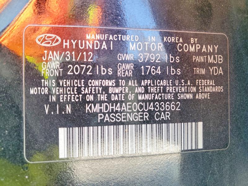 2012 Hyundai Elantra მანქანა იყიდება აუქციონზე, vin: KMHDH4AE0CU433662, აუქციონის ნომერი: 45612106