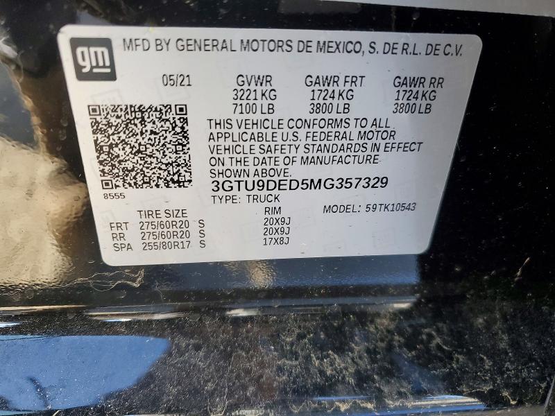 2021 Gmc Sierra მანქანა იყიდება აუქციონზე, vin: 3GTU9DED5MG357329, აუქციონის ნომერი: 46695476