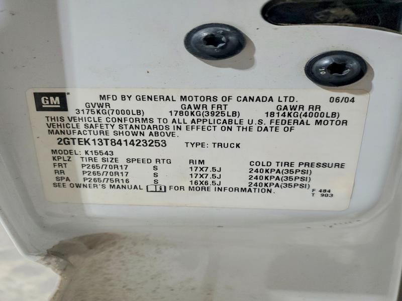 47322846 :رقم المزاد ، 2GTEK13T841423253 vin ، 2004 Gmc New Sierra مزاد بيع