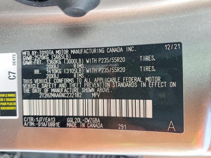 47611916 :رقم المزاد ، 2T2HZMAA6NC232182 vin ، 2022 Lexus Rx 350 مزاد بيع