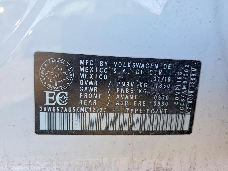 Aukcja sprzedaży 2019 Volkswagen Golf Highline 1.4 Ts, vin: 3VWG57AU5KM012927, numer aukcji: 45886476
