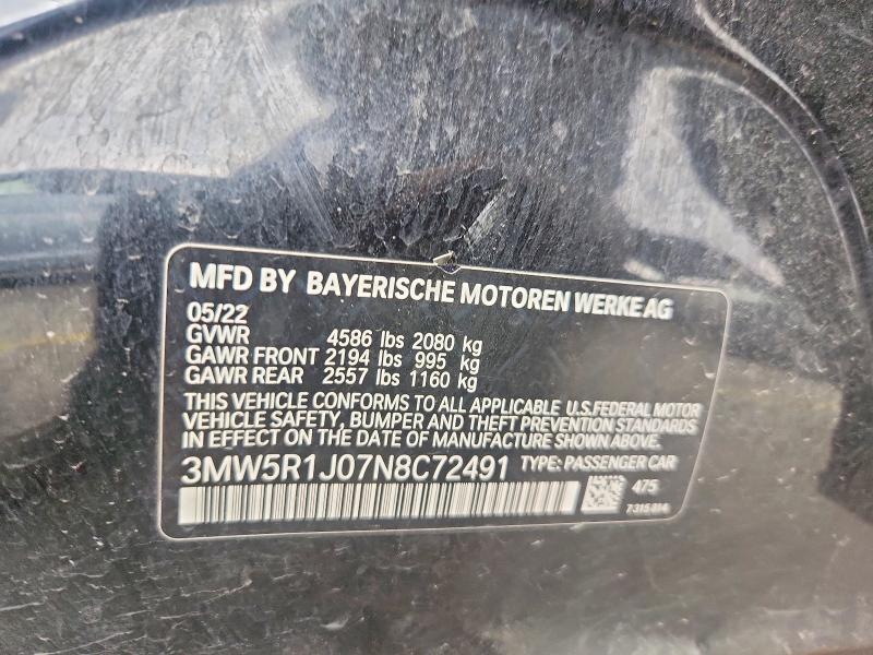 Aukcja sprzedaży 2022 Bmw 330i, vin: 3MW5R1J07N8C72491, numer aukcji: 79747525