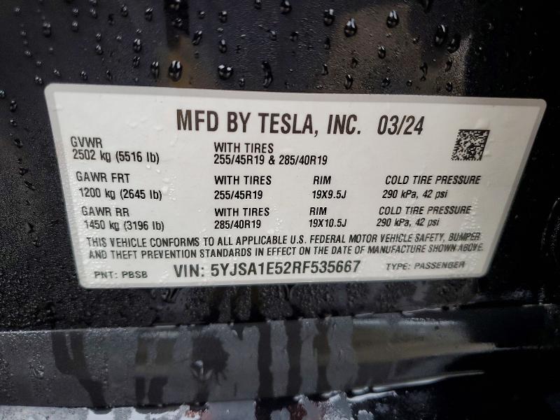 2024 Tesla Model S მანქანა იყიდება აუქციონზე, vin: 5YJSA1E52RF535667, აუქციონის ნომერი: 42048206
