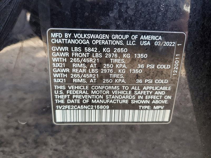 2022 Volkswagen Atlas Cross Sport მანქანა იყიდება აუქციონზე, vin: 1V2FE2CA5NC215809, აუქციონის ნომერი: 79398165