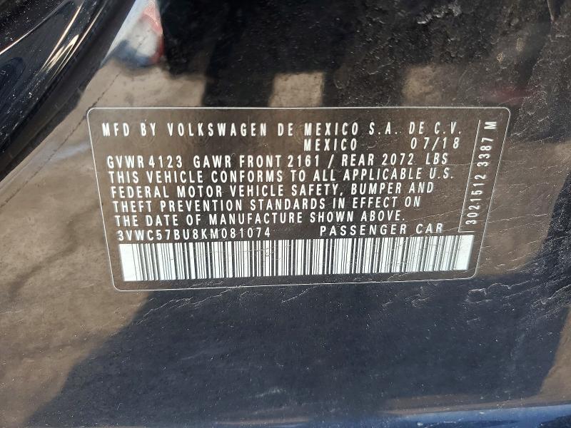 2019 Volkswagen Jetta მანქანა იყიდება აუქციონზე, vin: 3VWC57BU8KM081074, აუქციონის ნომერი: 41590946
