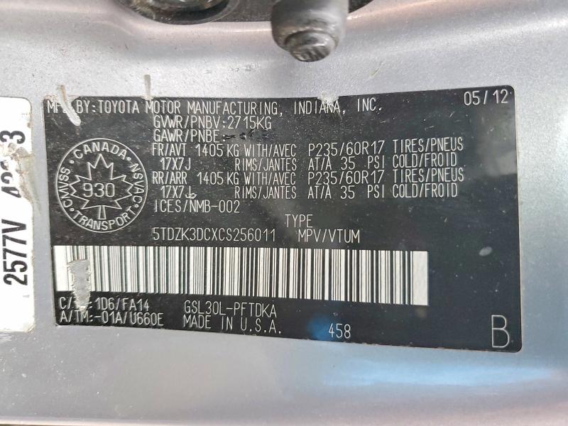 78831585 :رقم المزاد ، 5TDZK3DCXCS256011 vin ، 2012 Toyota Sienna مزاد بيع