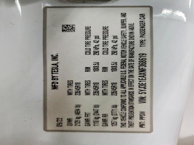 Продажа на аукционе авто 2022 Tesla Model 3, vin: 5YJ3E1EAXNF368619, номер лота: 46175886