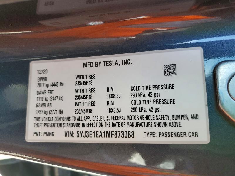 41595036 :رقم المزاد ، 5YJ3E1EA1MF873088 vin ، 2021 Tesla Model 3 مزاد بيع